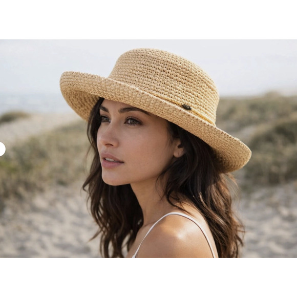 Scala Accessories - Scala Hat One Size Beige Tan Raffia Crocheted Raffia Packable Crushable L551OS